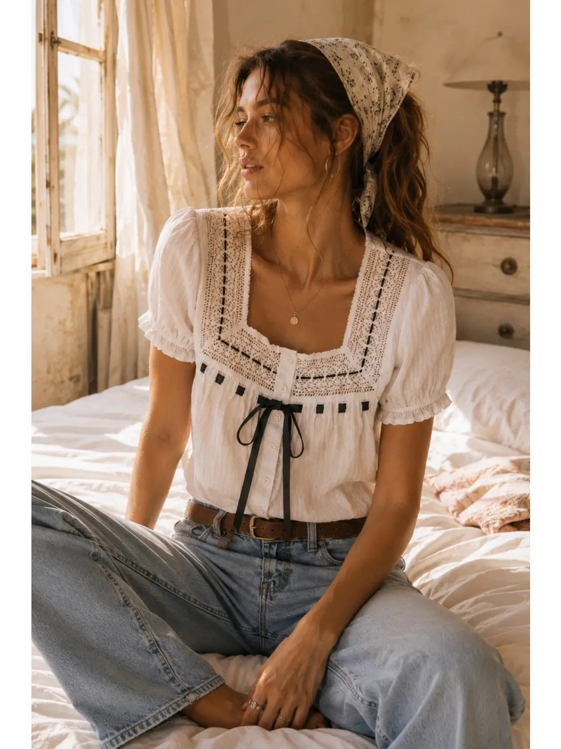 Lace and Bow Trim Top