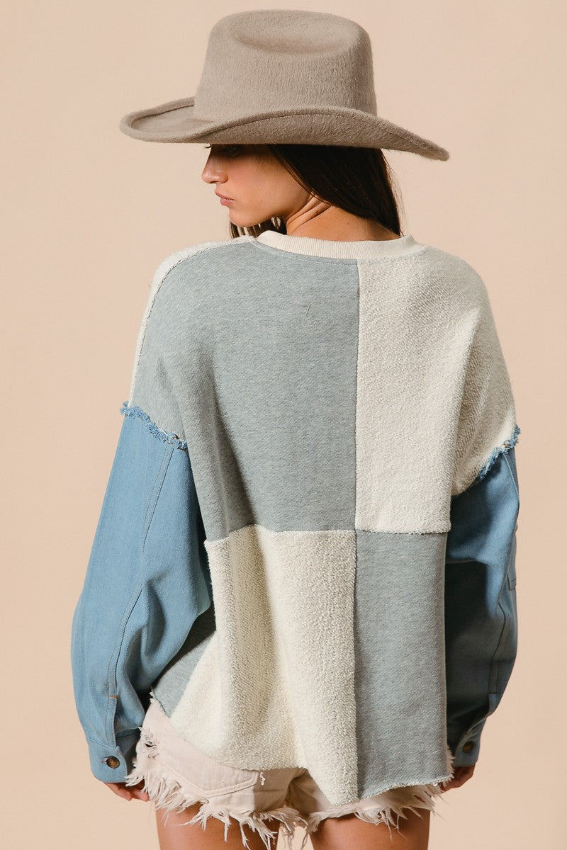 Loop Terry with Denim Sleeve Pullover Sweater