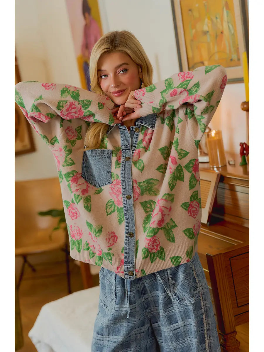 Flower Knit Denim Combo Cardigan