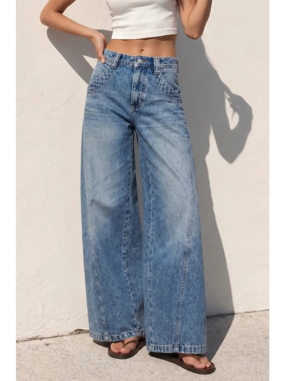 Washed Wide Curved Denim Jeans
