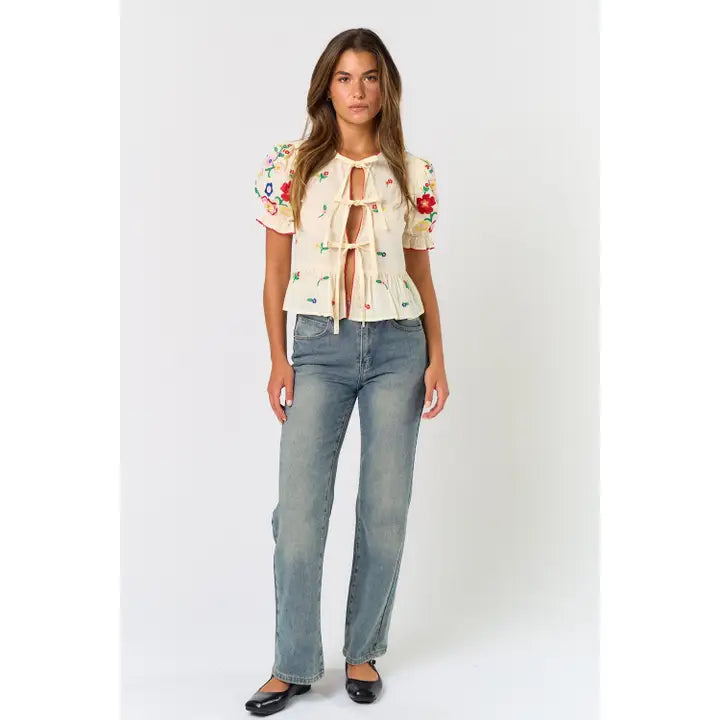 Front Tie Embroidered Top
