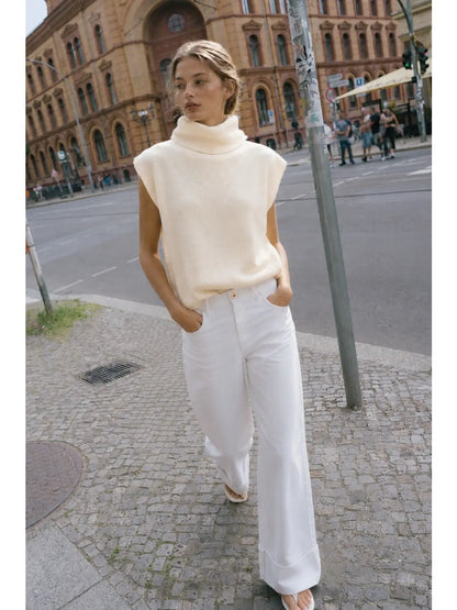 Ribbed Sleeveless Turtleneck Sweater