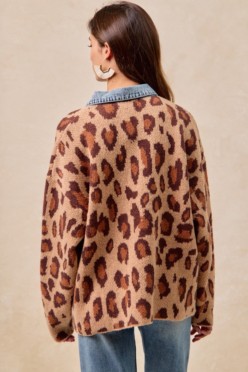 Leopard and Denim Mix Cardigan Sweater