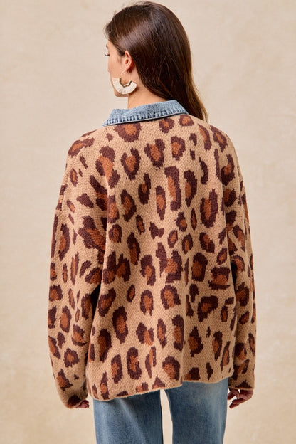 Leopard and Denim Mix Cardigan Sweater