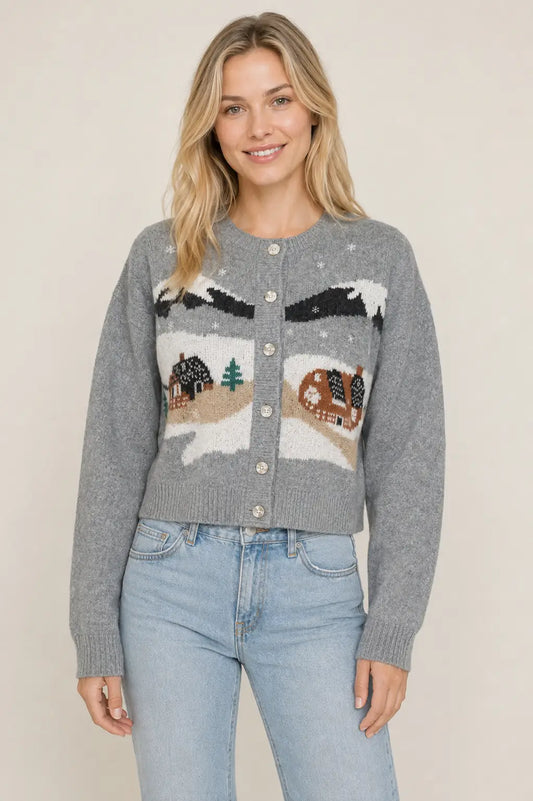 Winter Village Scenic Cardigan Sweater