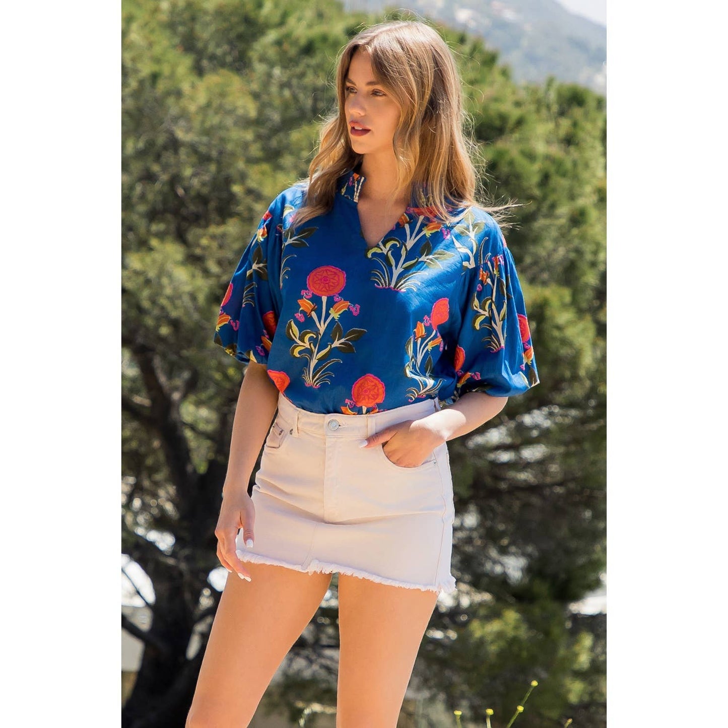 Puff Sleeve Flower Print Top