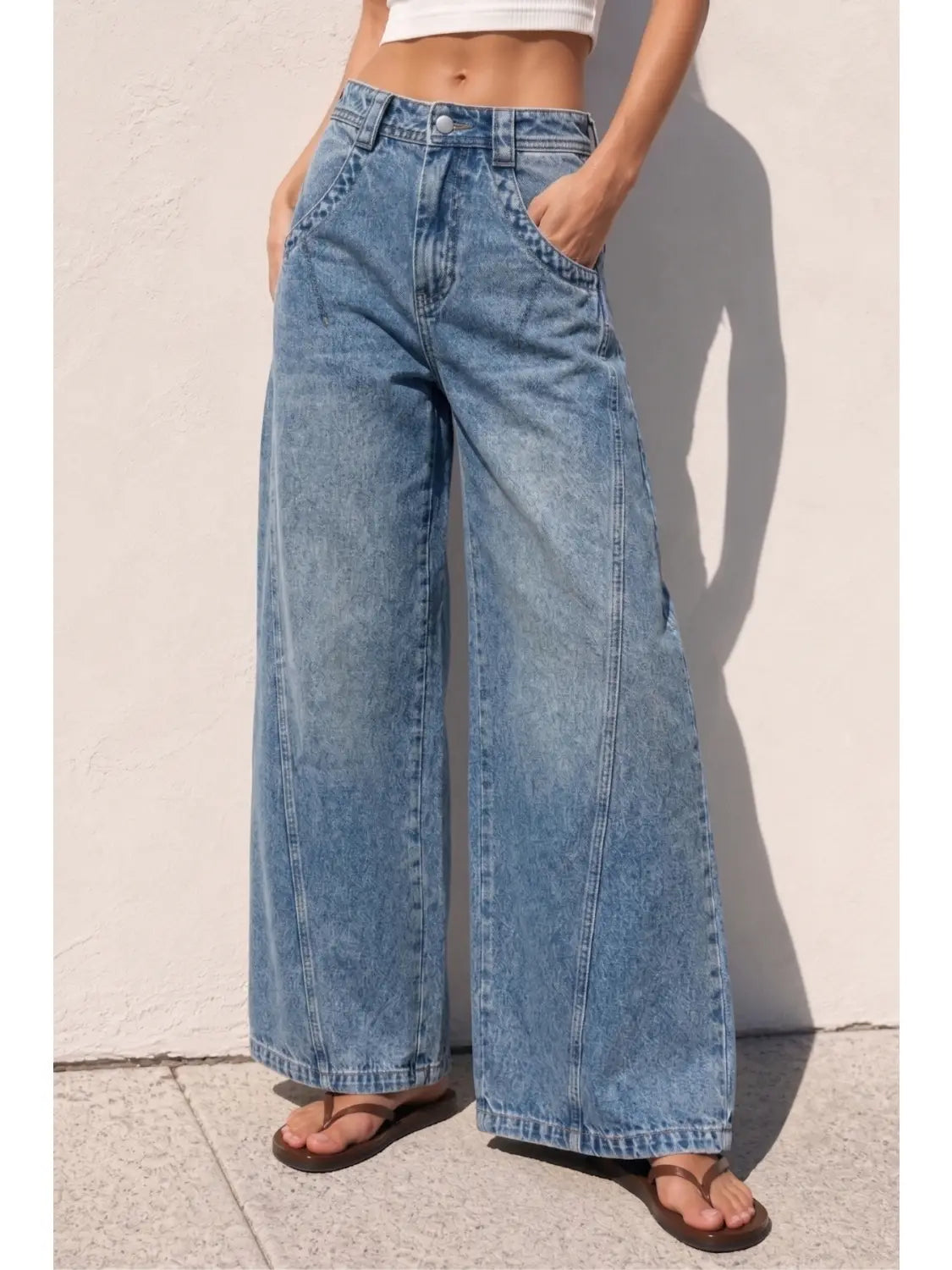 Washed Wide Curved Denim Jeans