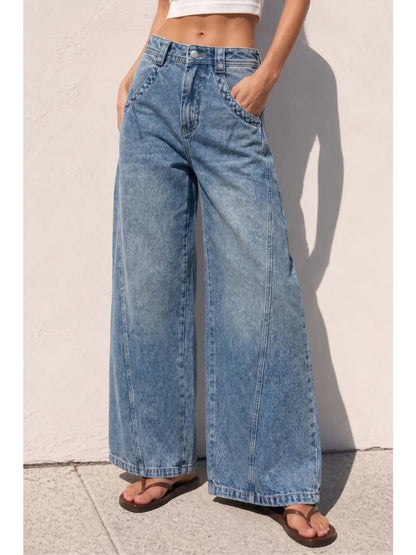 Washed Wide Curved Denim Jeans
