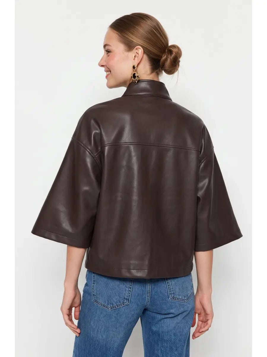 Drawstring Hem Boxy Vegan Leather Jacket
