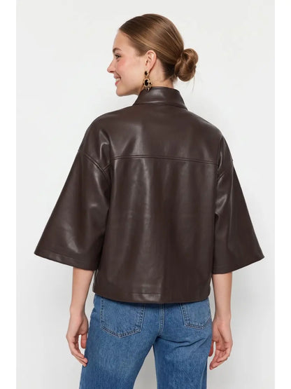 Drawstring Hem Boxy Vegan Leather Jacket