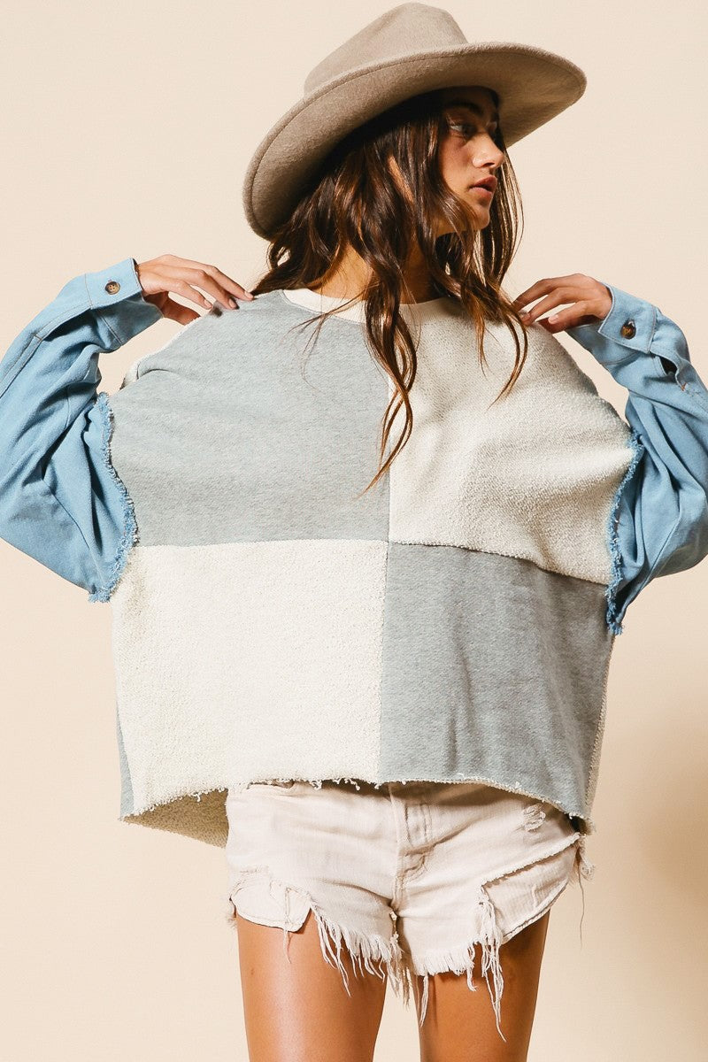 Loop Terry with Denim Sleeve Pullover Sweater