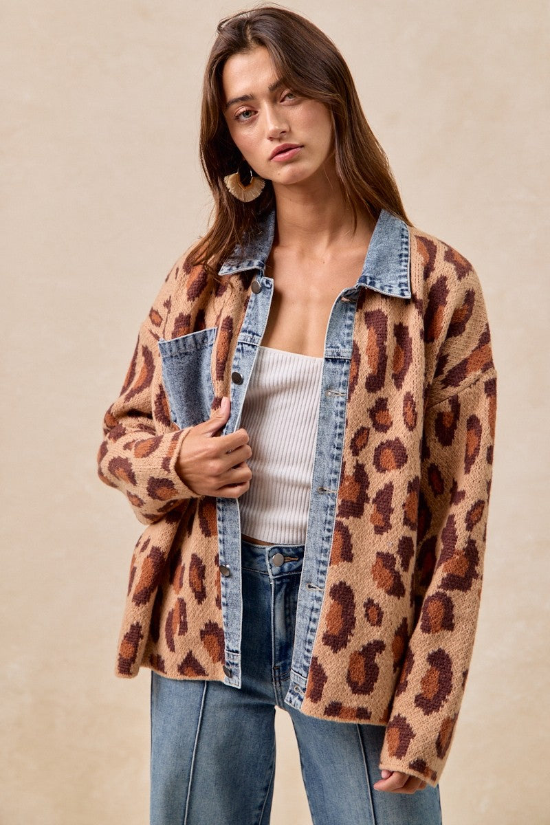 Leopard and Denim Mix Cardigan Sweater