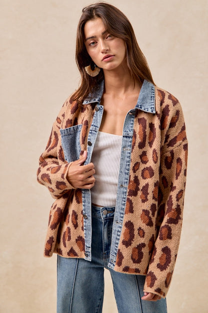 Leopard and Denim Mix Cardigan Sweater