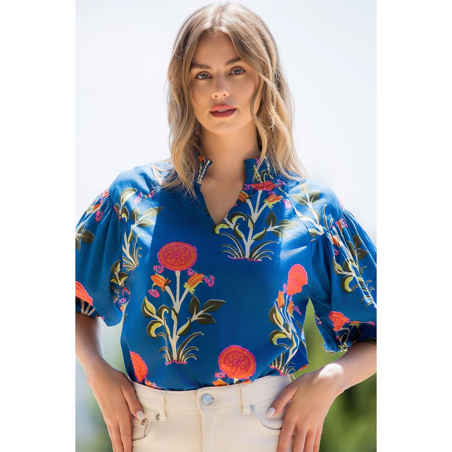Puff Sleeve Flower Print Top