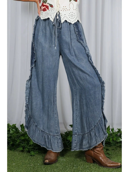 Chambray Ruffled Denim Pant