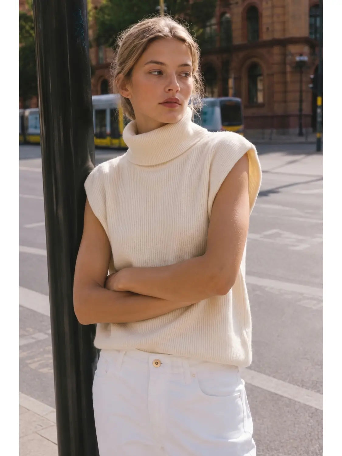 Ribbed Sleeveless Turtleneck Sweater