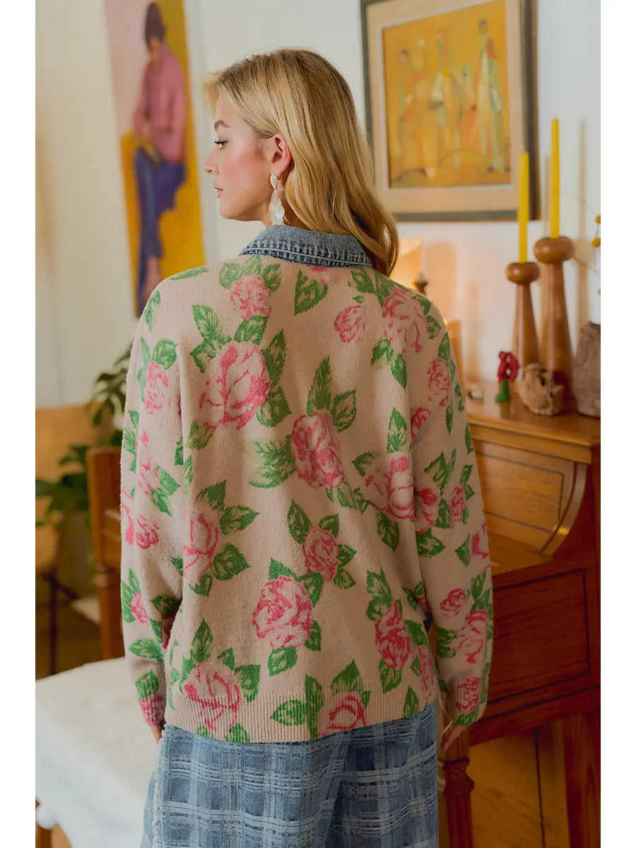 Flower Knit Denim Combo Cardigan