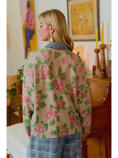 Flower Knit Denim Combo Cardigan