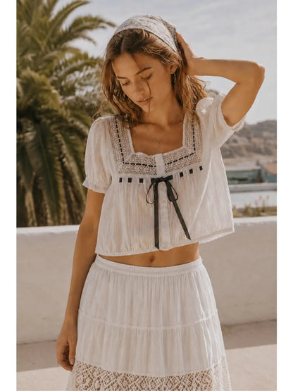 Lace and Bow Trim Top