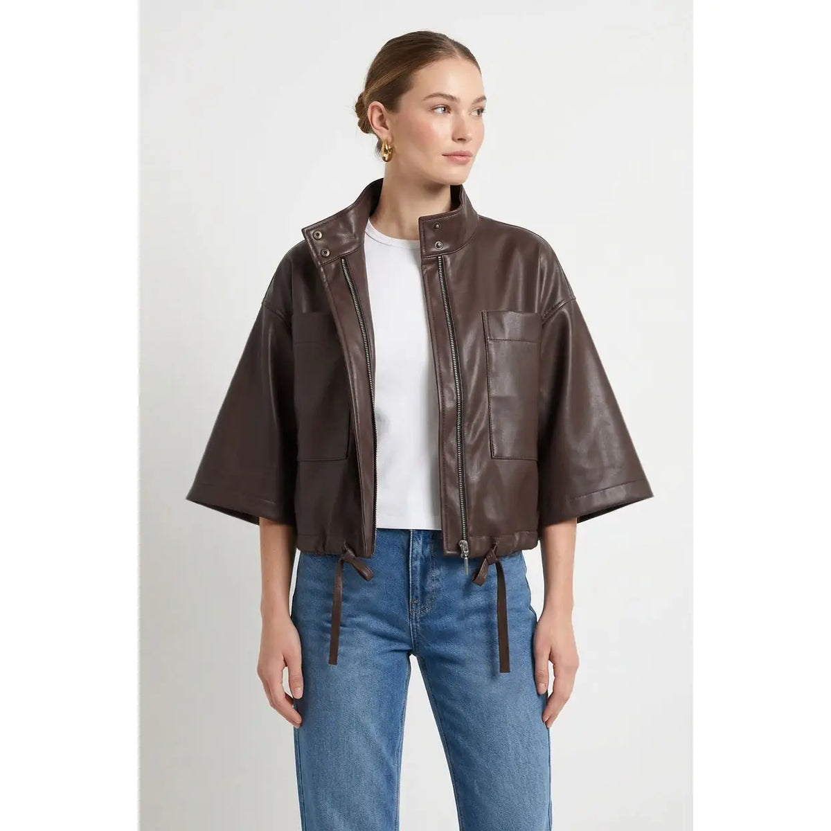 Drawstring Hem Boxy Vegan Leather Jacket