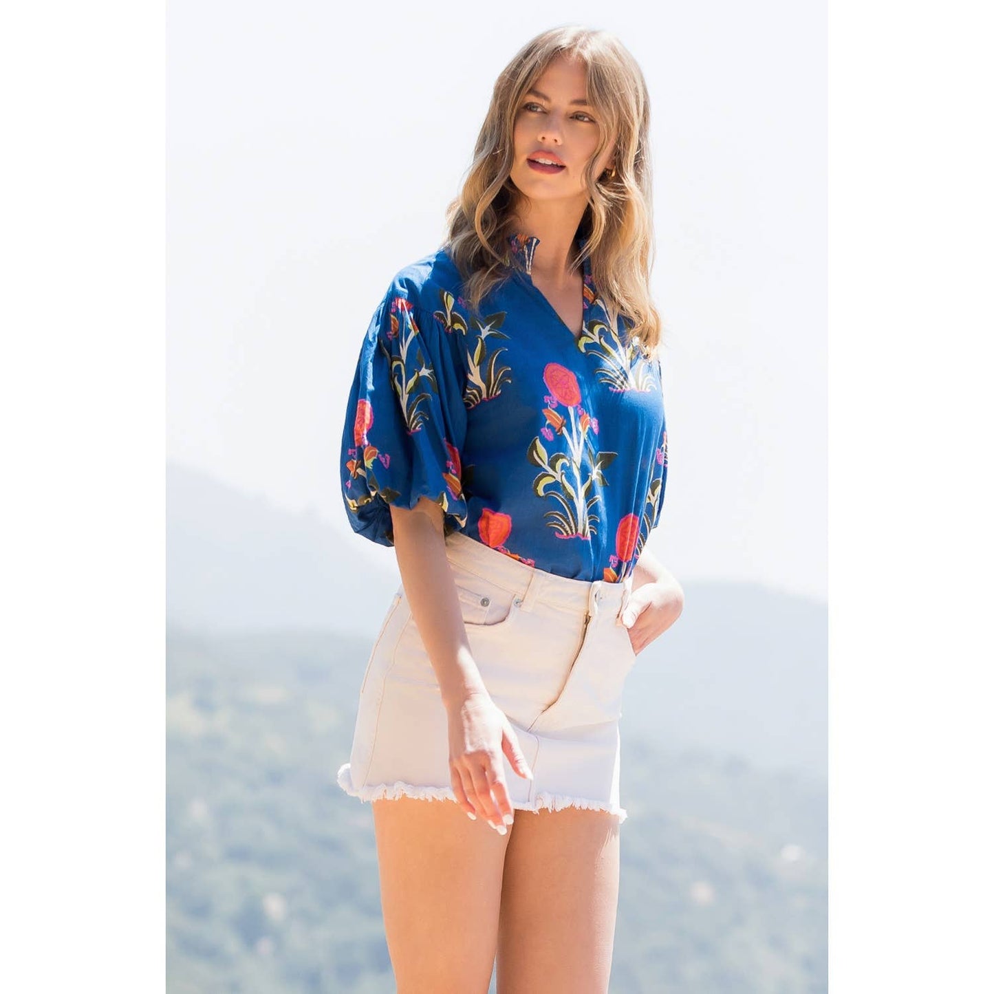 Puff Sleeve Flower Print Top