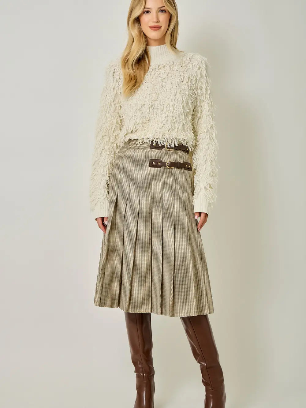 Pleated Micro Houndstooth Skirt
