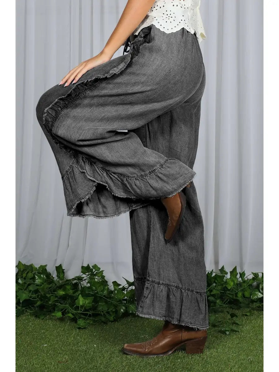 Chambray Ruffled Denim Pant (More Colors)
