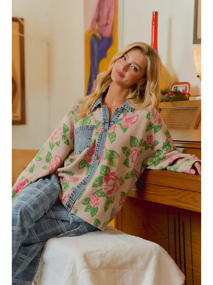 Flower Knit Denim Combo Cardigan
