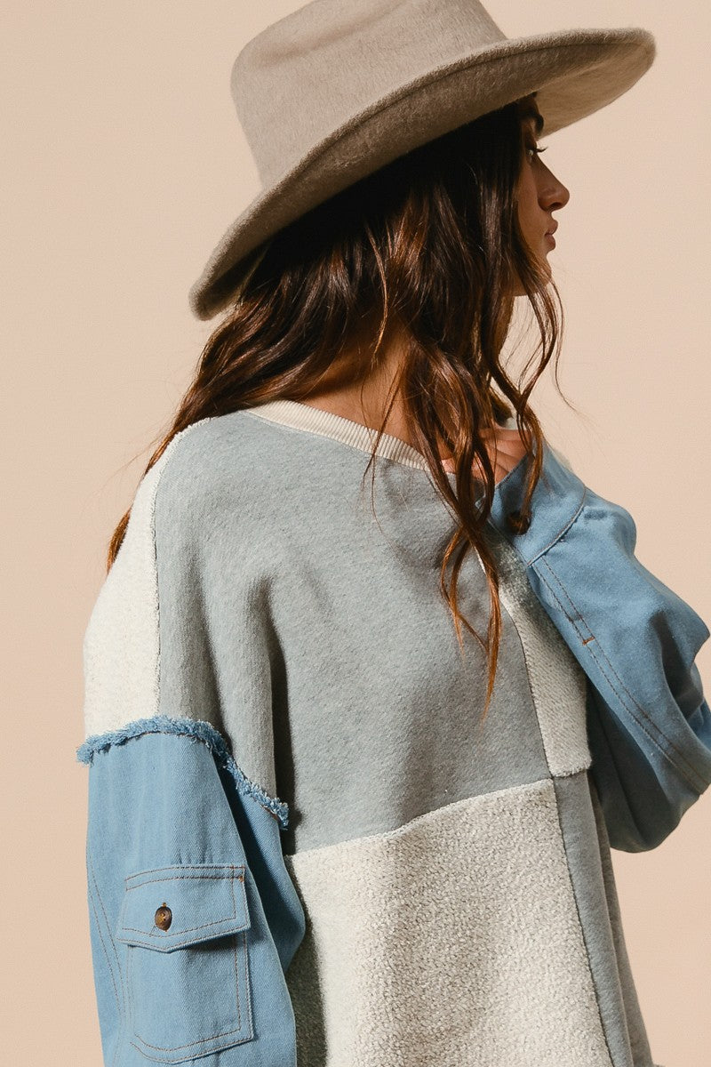 Loop Terry with Denim Sleeve Pullover Sweater
