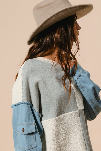 Loop Terry with Denim Sleeve Pullover Sweater