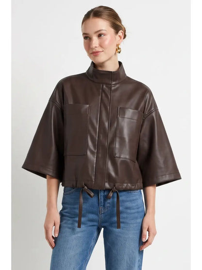 Drawstring Hem Boxy Vegan Leather Jacket