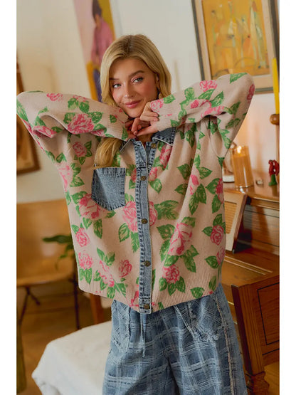 Flower Knit Denim Combo Cardigan