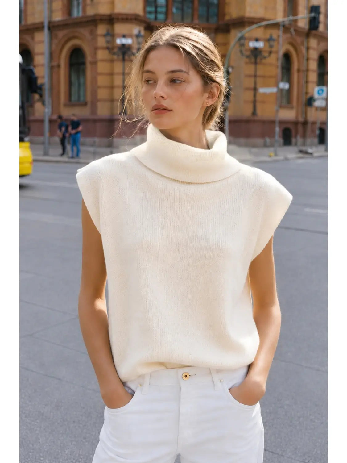 Ribbed Sleeveless Turtleneck Sweater