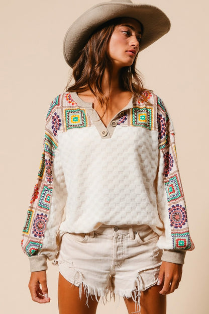 Texture Knit and Print Mixed Top