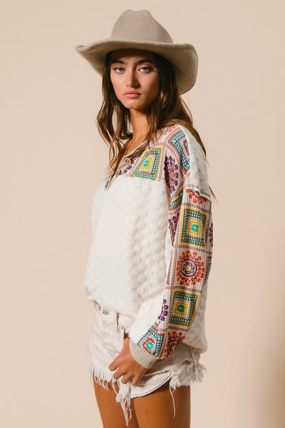 Texture Knit and Print Mixed Top