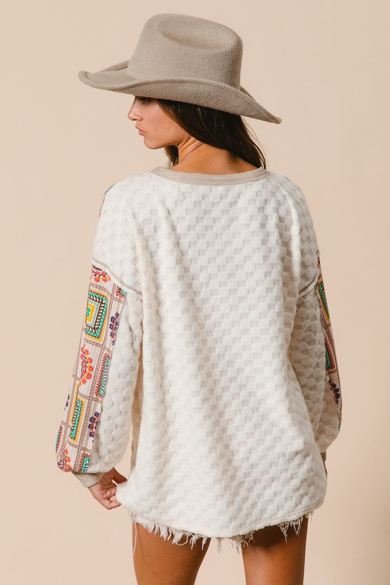 Texture Knit and Print Mixed Top