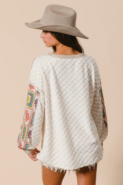 Texture Knit and Print Mixed Top