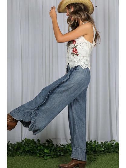Chambray Ruffled Denim Pant