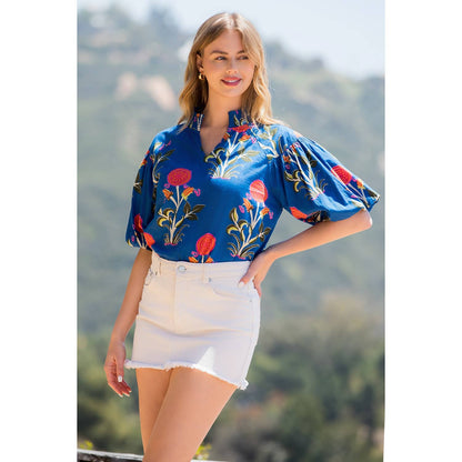 Puff Sleeve Flower Print Top