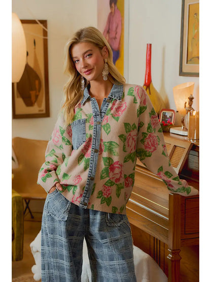 Flower Knit Denim Combo Cardigan
