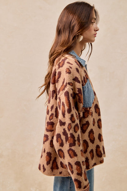 Leopard and Denim Mix Cardigan Sweater