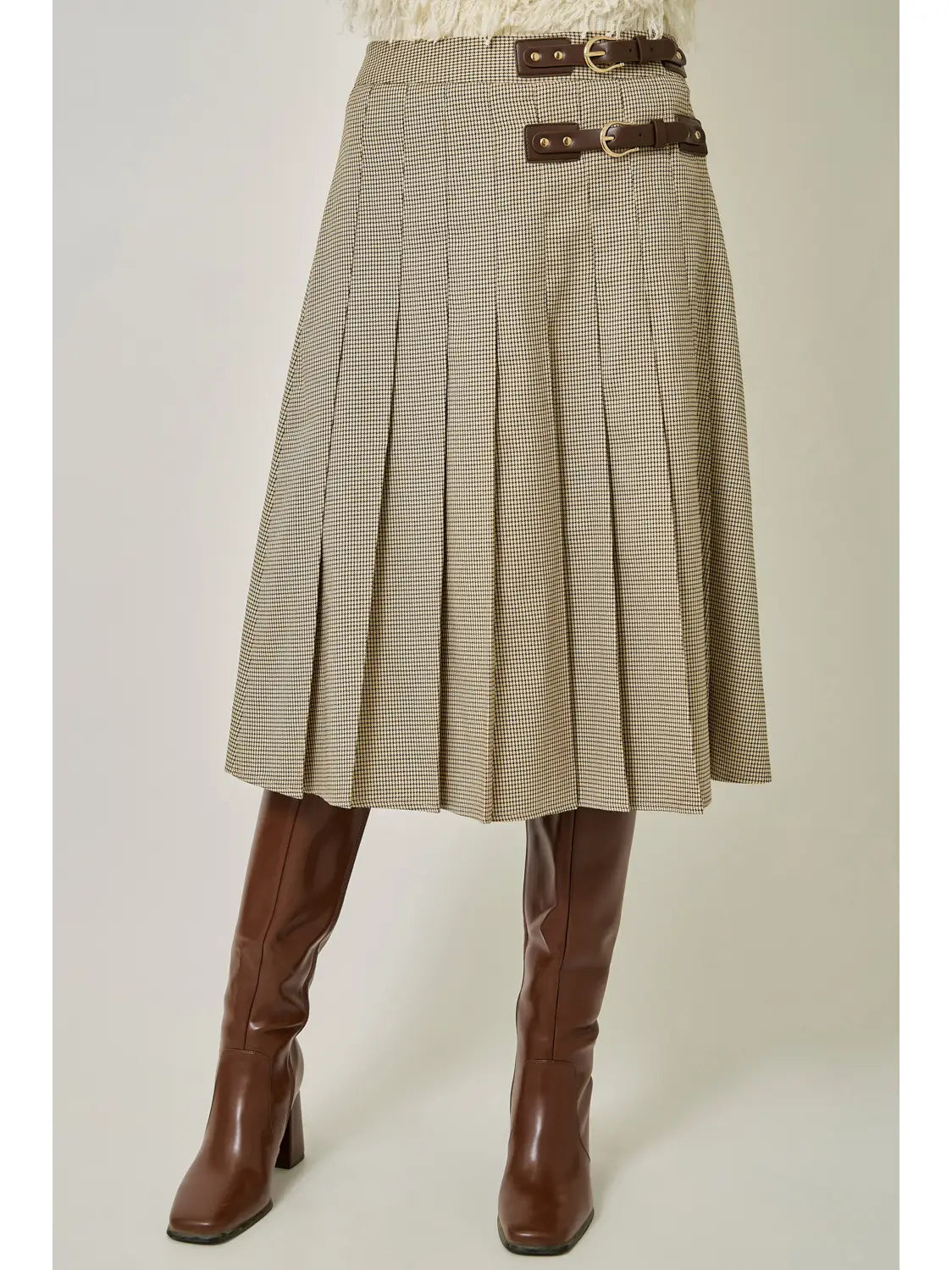 Pleated Micro Houndstooth Skirt