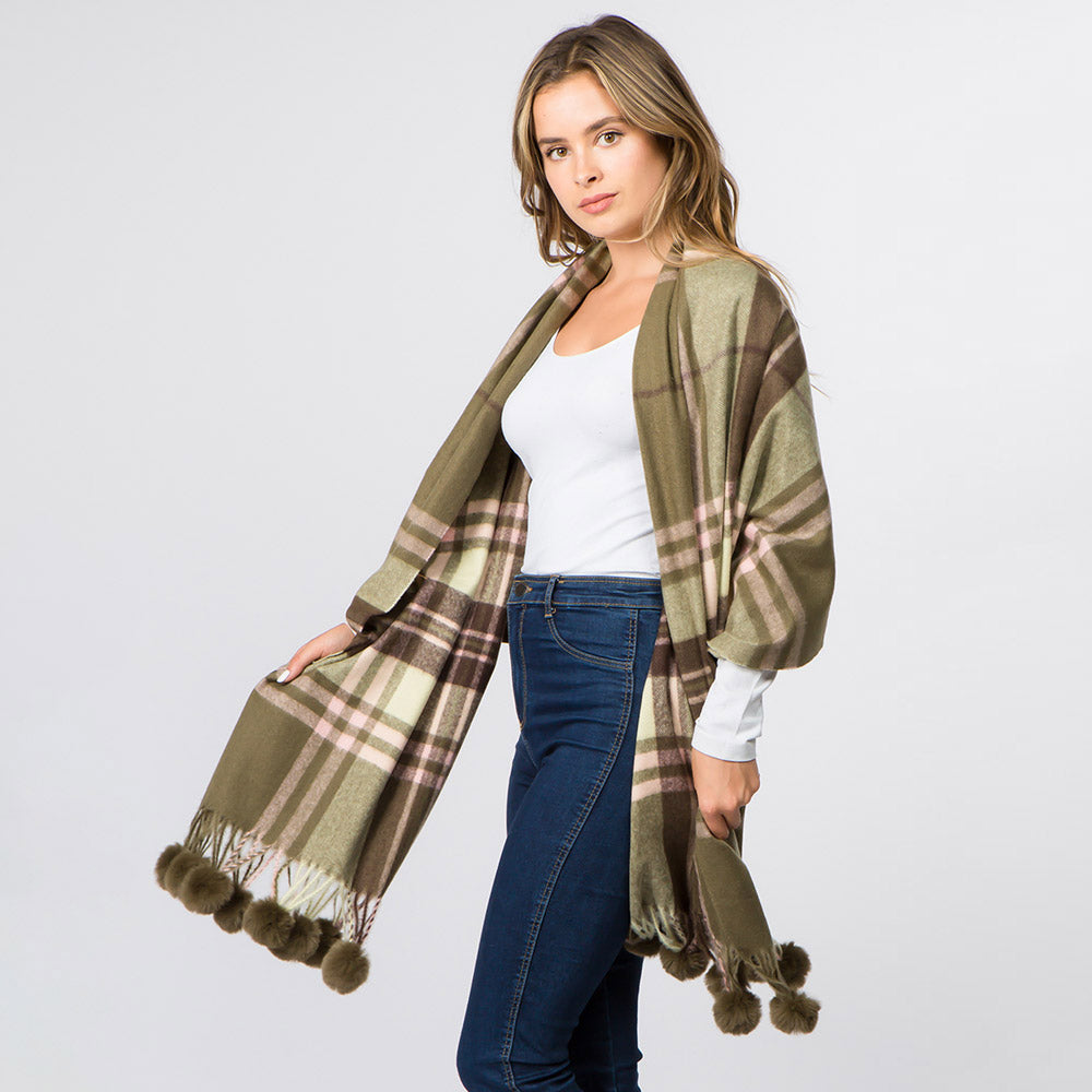 Plaid Pom Pom Scarf