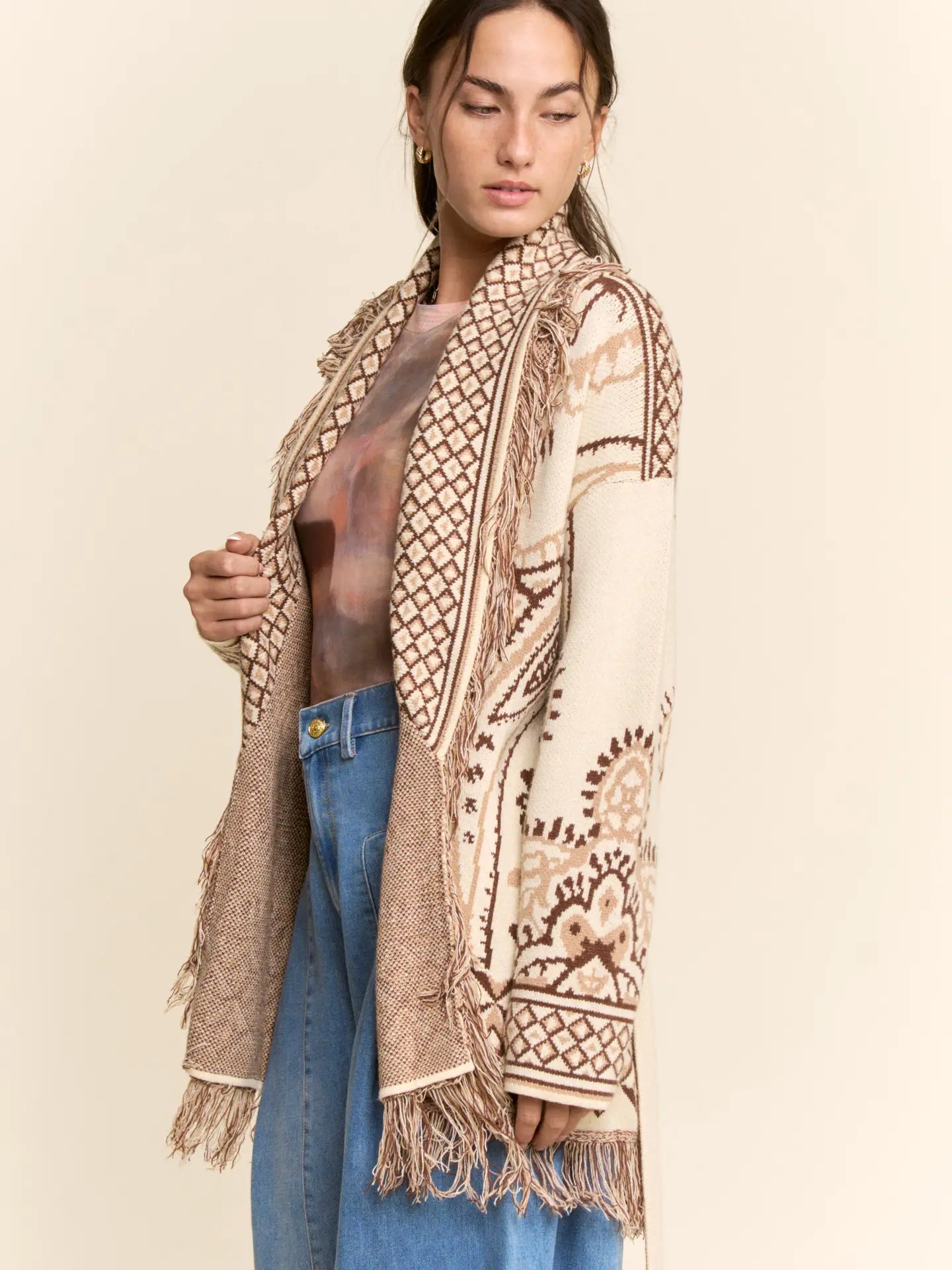 Jacquard Belted Cardigan