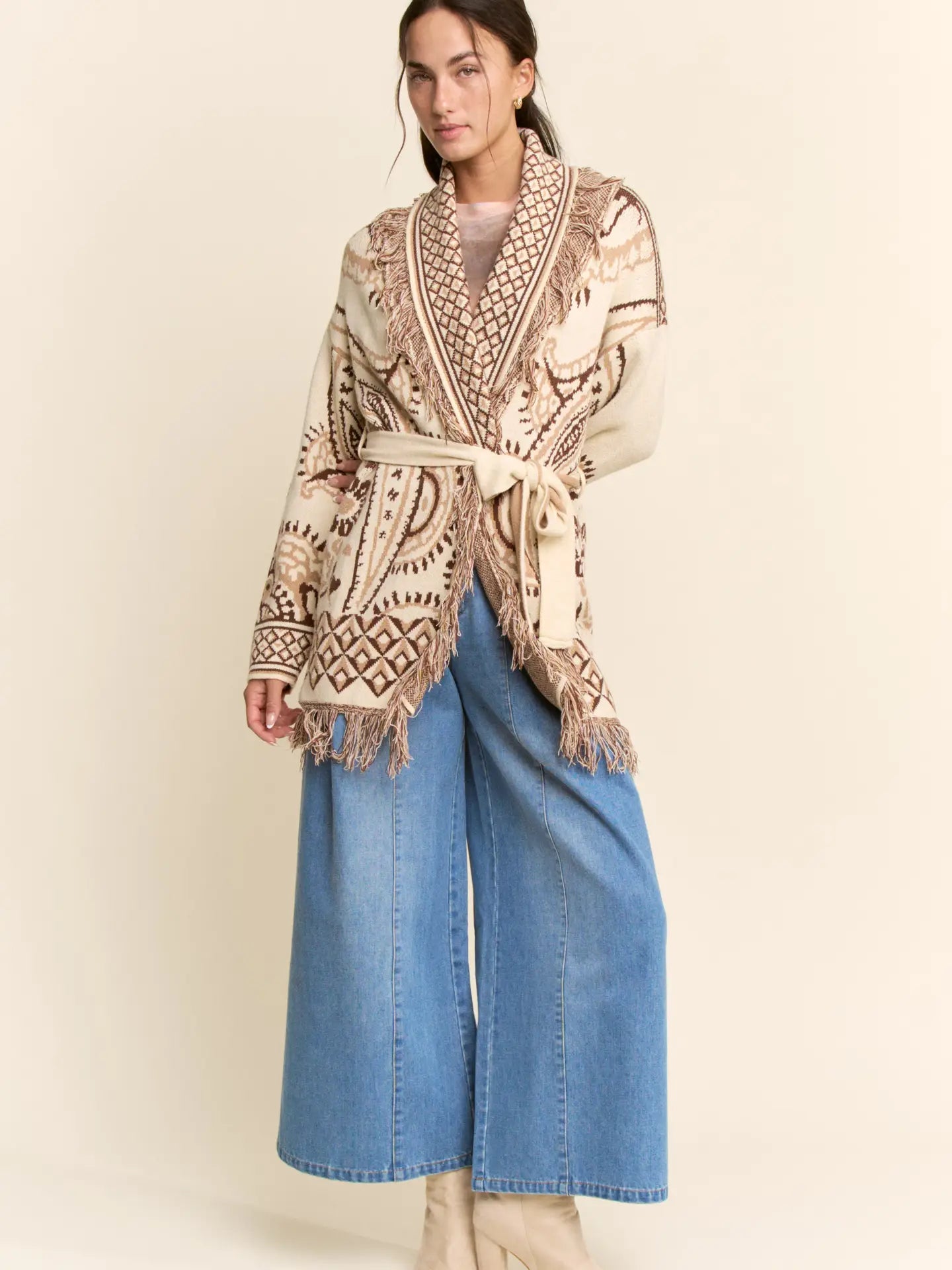 Jacquard Belted Cardigan