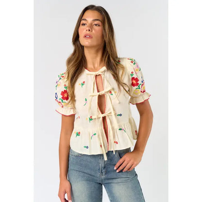 Front Tie Embroidered Top