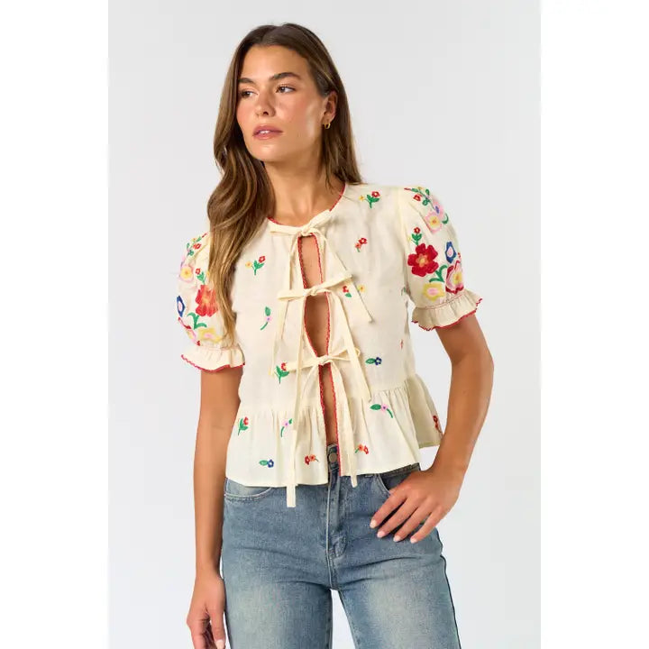 Front Tie Embroidered Top