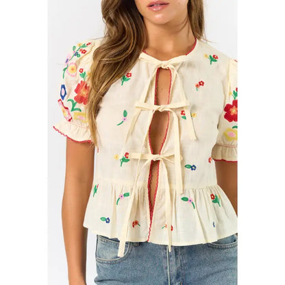 Front Tie Embroidered Top