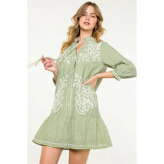 Green Striped Embroidered Dress