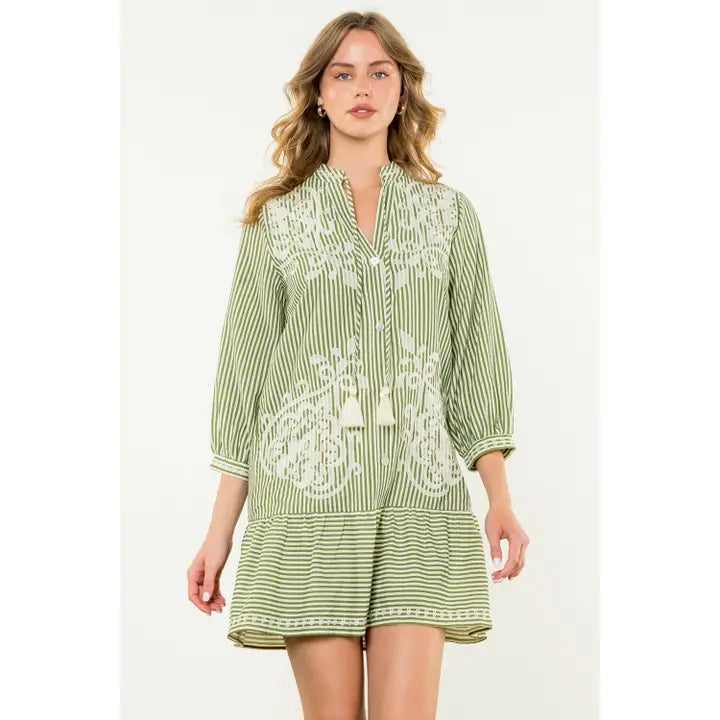Green Striped Embroidered Dress